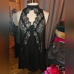 Black Lacey Free People Mini Trapeze Dress in Medium
